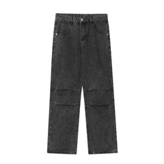 Black Stone Wash Knee Pleat Loose Fit Denim