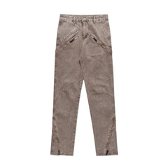 Brown Stone Wash Diagonal Zip Slim Leg Denim