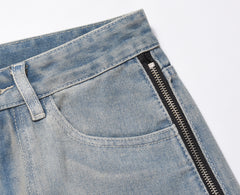 Light Blue Vintage Wash Side Zip & Strap Slim Leg Denim