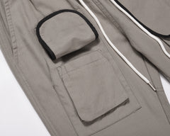 Grey Drawstring Waist Multi Layer 3D Pocket Twill Pants