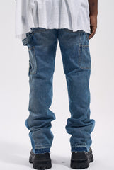 Blue Raw Edge Double-Front Stacked Flare Leg Denim