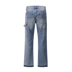 Blue Raw Edge Double-Front Stacked Flare Leg Denim