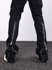 Black Front Leg Zip & Snap Rear Zip Flare Leg Twill Pants