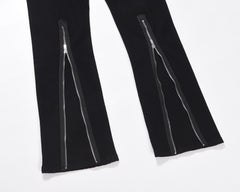 Black Front Leg Zip & Snap Rear Zip Flare Leg Twill Pants