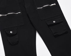 Black Front Leg Zip & Snap Rear Zip Flare Leg Twill Pants