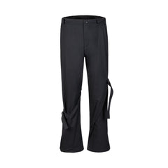 Black Diagonal Tie Strap & Snap Flare Leg Pants