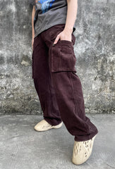 Dark Brown Snap Cargo Pocket Wide Leg Corduroy Pants