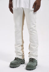 White & Khaki Frayed Thread Two Tone Flare Leg Denim