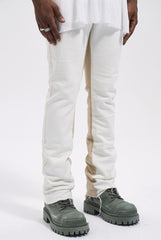 White & Khaki Frayed Thread Two Tone Flare Leg Denim