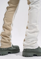 White & Khaki Frayed Thread Two Tone Flare Leg Denim