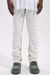 White & Khaki Frayed Thread Two Tone Flare Leg Denim