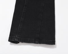 Black Vintage Wash Drawstring Waist Side Zip & Strap Flare Leg Denim