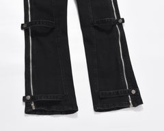 Black Vintage Wash Drawstring Waist Side Zip & Strap Flare Leg Denim