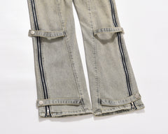 Blue Tint Wash Drawstring Waist Side Zip & Strap Flare Leg Denim