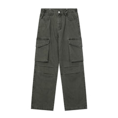Army Green Vintage Wash Large Flap Pocket Knee Gusset Pants