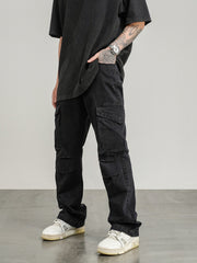 Black Vintage Wash Large Flap Pocket Knee Gusset Pants