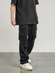 Black Vintage Wash Large Flap Pocket Knee Gusset Pants