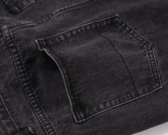 Black Vintage Wash Butterfly Leather Patch Stacked Straight Leg Denim