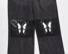 Black Vintage Wash Butterfly Leather Patch Stacked Straight Leg Denim