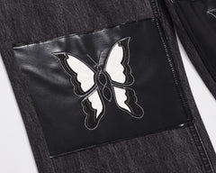 Black Vintage Wash Butterfly Leather Patch Stacked Straight Leg Denim