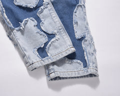 Light Blue Raw Edge Cracked Stacked Straight Leg Denim