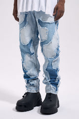 Light Blue Raw Edge Cracked Stacked Straight Leg Denim