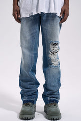 Blue Worn In Wash Ripped Thread Flare Leg Denim