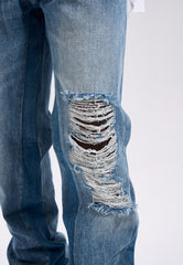 Blue Worn In Wash Ripped Thread Flare Leg Denim