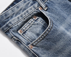 Blue Worn In Wash Ripped Thread Flare Leg Denim