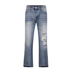 Blue Worn In Wash Ripped Thread Flare Leg Denim