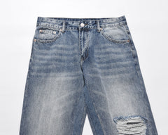 Blue Worn In Wash Ripped Thread Flare Leg Denim