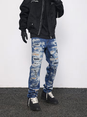 Blue Rip & Repair Patch Shredded Straight Leg Denim