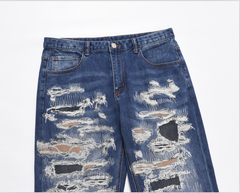 Blue Rip & Repair Patch Shredded Straight Leg Denim