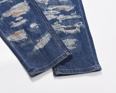 Blue Rip & Repair Patch Shredded Straight Leg Denim