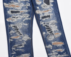 Blue Rip & Repair Patch Shredded Straight Leg Denim