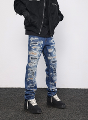 Blue Rip & Repair Patch Shredded Straight Leg Denim