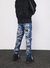 Blue Rip & Repair Patch Shredded Straight Leg Denim