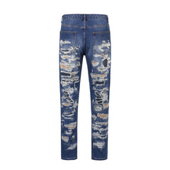 Blue Rip & Repair Patch Shredded Straight Leg Denim