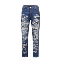 Blue Rip & Repair Patch Shredded Straight Leg Denim