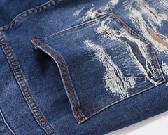 Blue Rip & Repair Patch Shredded Straight Leg Denim