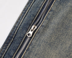 Blue Vintage Wash Double-Front Zip Patch Pocket Straight Leg Denim