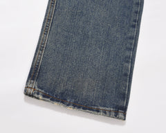 Blue Vintage Wash Double-Front Zip Patch Pocket Straight Leg Denim