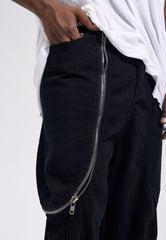 Black Side Curved Zip Stacked Wide Leg Denim