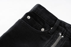 Black Side Curved Zip Stacked Wide Leg Denim