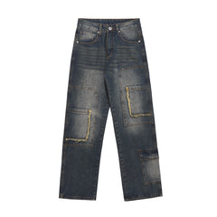 Blue Worn In Wash Raw Edge Double-Front Loose Fit Denim