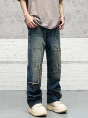 Blue Worn In Wash Raw Edge Double-Front Loose Fit Denim