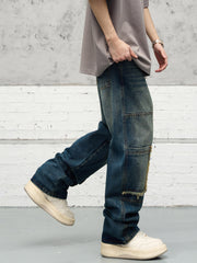 Blue Worn In Wash Raw Edge Double-Front Loose Fit Denim