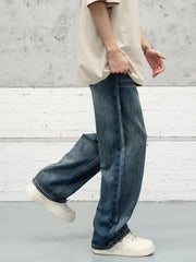 Blue Worn In Wash Extended Side Seam Loose Fit Wide Leg Denim