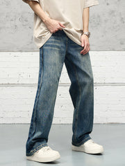 Blue Worn In Wash Extended Side Seam Loose Fit Wide Leg Denim