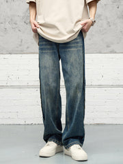 Blue Worn In Wash Extended Side Seam Loose Fit Wide Leg Denim